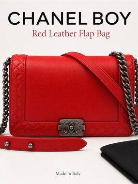 Authentic CHANEL Red Lambskin Boy Reverso Bag with Aged Ruthenium Hardware